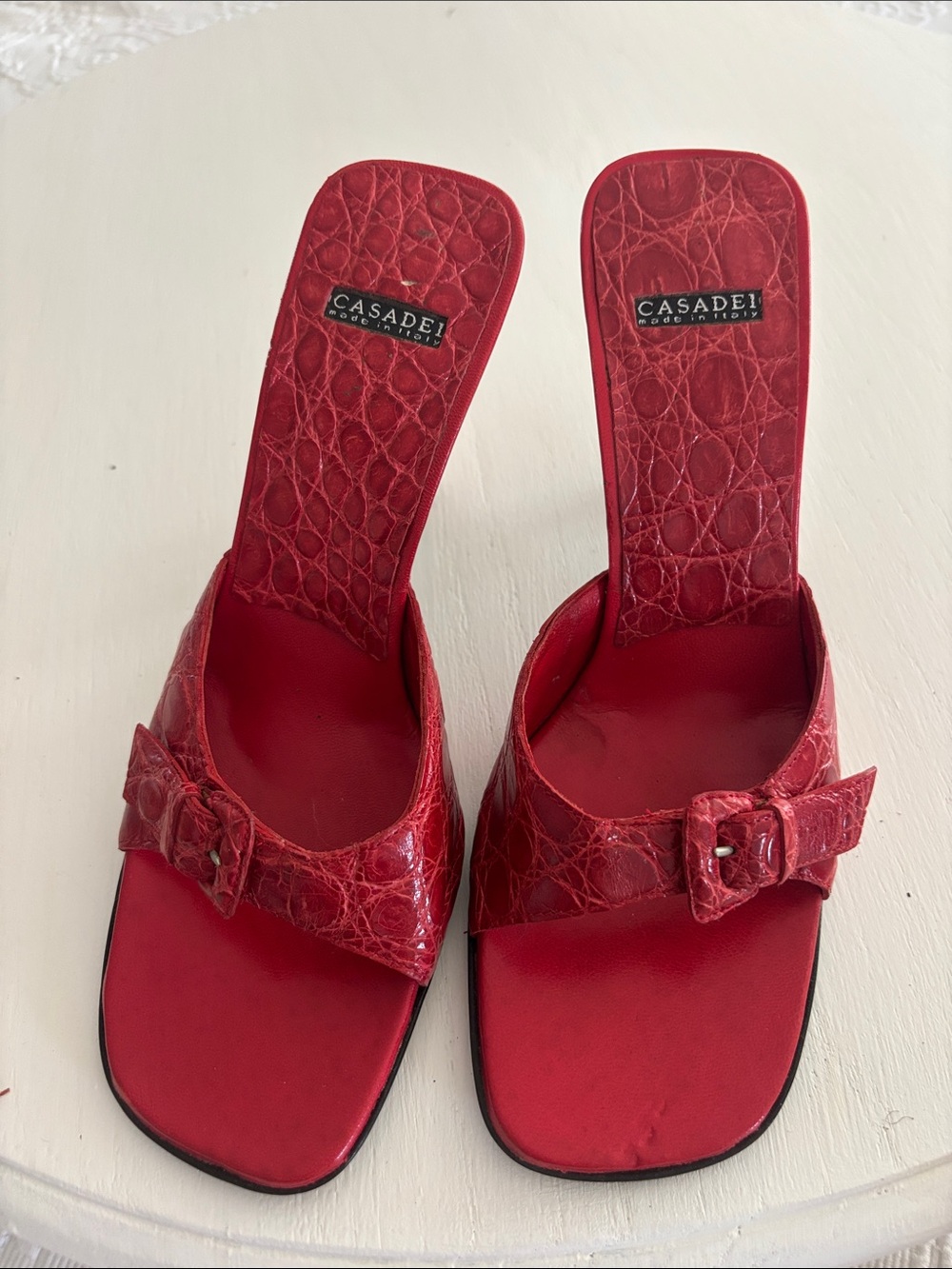 Casadei Red Croc-Effect Buckle Slide Mules